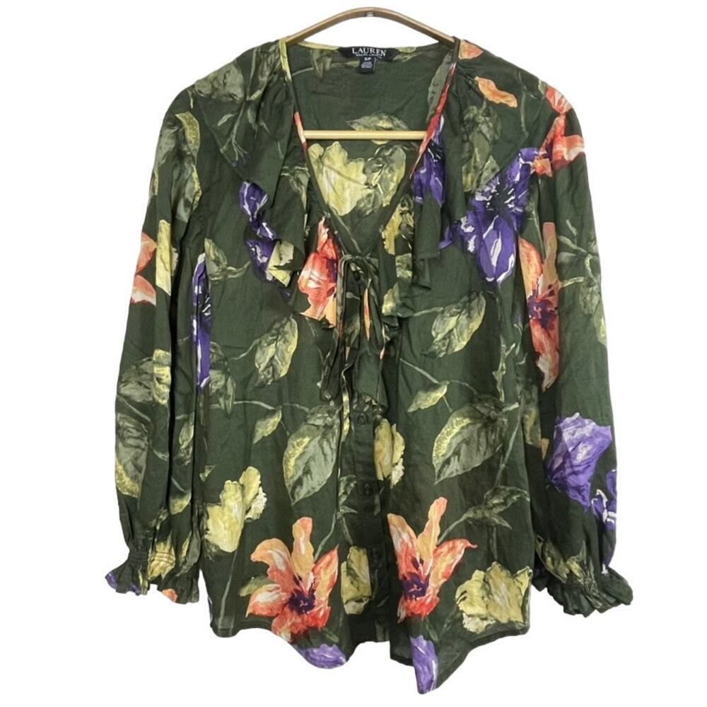 Lauren Ralph Lauren Black Label Top S Floral Ruffle V-Neck Peasant Boho